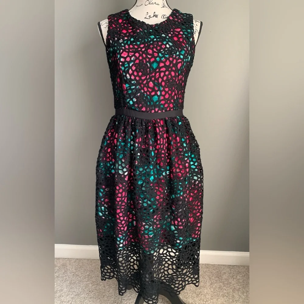 Sz 4 Anthropologie dress. Black crochet overlay- green & pink pattern underlay - Picture 1 of 7